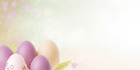 a delicate Easter banner with pastel-colored eggs on a defocused background with a place for text,the concept of creative Easter design,advertising and greeting cards