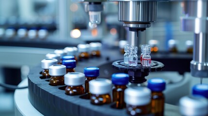 Vaccine Production: Pharmaceutical Facility's Precision Line for Medical Vials. Laboratory machinery shapes chemical glass bottles, symbolizing the forefront of medical evolution. Generative AI