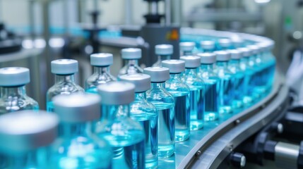 Pharmaceutical Factory's Cutting-Edge Production Line for Medical Vials and Vaccines. Laboratory machines engineer chemical glass bottles, supporting breakthroughs in medical science. Generative AI
