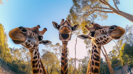 Portrait of three giraffes taking selfies - obrazy, fototapety, plakaty