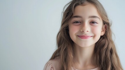 Portrait of young beautiful cute cheerful girl smiling looking at camera over white background