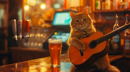A cat sitting on top of a bar with a guitar - obrazy, fototapety, plakaty