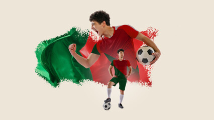 Motivated young man, soccer player representing team of Portugal. Portuguese flag on background....