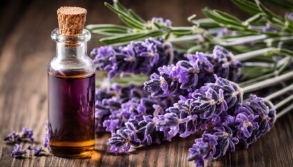 A bottle of lavender oil with purple flowers - obrazy, fototapety, plakaty