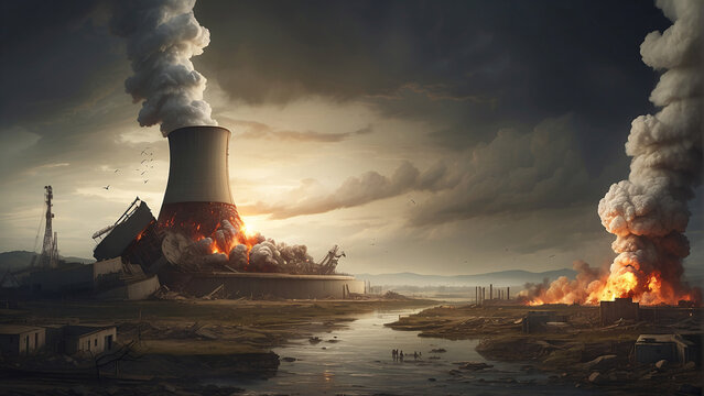 A nuclear power plant is seen near river with smoke coming out of it. Generative AI.