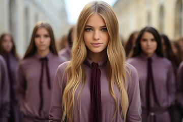 Young woman with flowing blond hair in a purple blouse