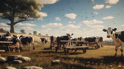On a Table in Front of a Field of Cows. Genera

 - obrazy, fototapety, plakaty