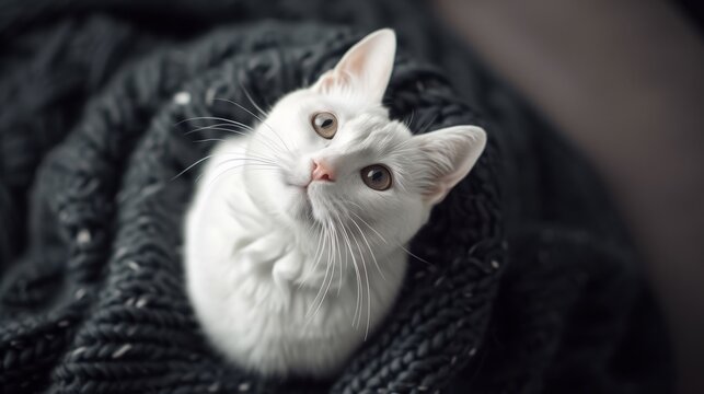 A white cat sitting on top of a black blanket