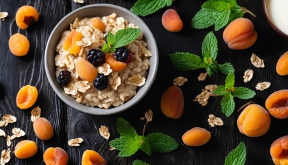 A bowl of granola with fruit and mint leaves - obrazy, fototapety, plakaty