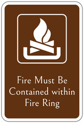 Campfire safety sign fire must be contained within fire ring