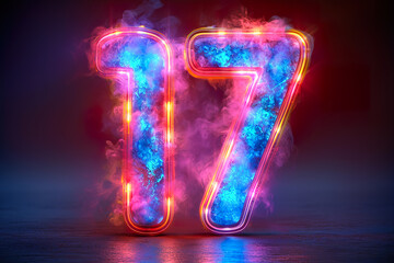 Number 17 - colorful glowing outline alphabet symbol on blue lens flare dark background - obrazy, fototapety, plakaty