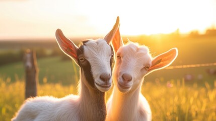 Two little goats looking at the camera on a farm in the sunset