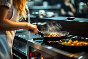 Close up of woman chef with a frying pan cooking on a modern kitchen stove. Working concept of cooking and food. - obrazy, fototapety, plakaty