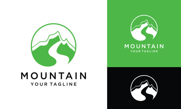 vector mountains with round river water flow logo