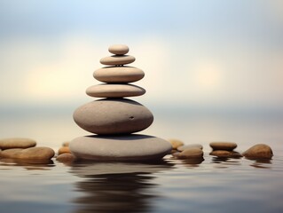 Fototapeta na wymiar Zen, stack of stones sits on top of a rock in the middle of the ocean.