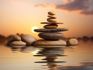 Zen, stack of stones sits on top of a rock in the middle of the ocean.