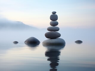 Zen, stack of stones sits on top of a rock in the middle of the ocean.