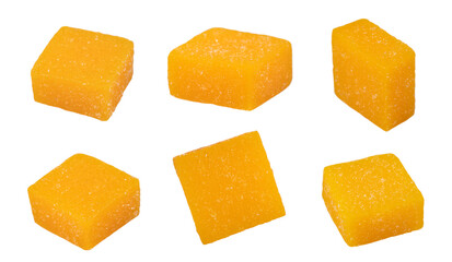 Dried and candied mango cubes on white. Set or collection, vegan, vegetarian food concept
