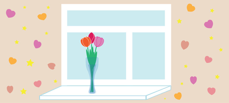 a beautiful bouquet of tulips in a transparent vase on the windowsill, window, wallpaper with hearts, Valentine's day