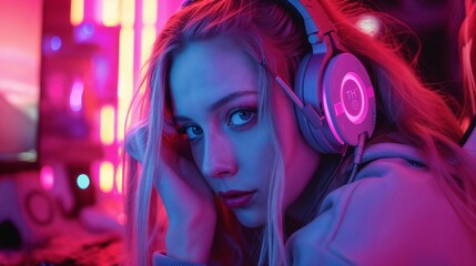 Gamer Girl Streaming on Twitch With Headphones in Gaming Room