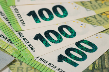 One hundred euro bills. Close up
