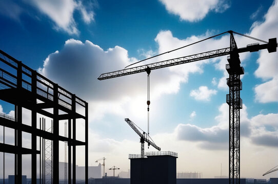 Silhouette of industry crane on construction site house building at blue sky. Construction and renovation of buildings concept. Industrial cranes on creation site, aerial view. Copy text space, banner