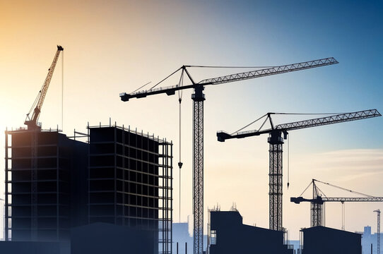Silhouette of industry cranes on construction site house building at blue sky. Industrial crane on creation site, aerial view. Construction and renovation of buildings concept. Copy ad text space