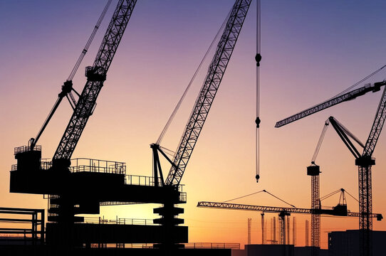 Silhouette of industry crane on construction site at sunset. Industrial crane on creation site house building, aerial view. Construction and renovation of buildings concept. Copy ad text space, banner