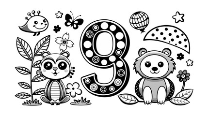 Children's coloring book page with cute animals and number 9