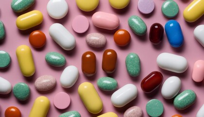 A pink background with a variety of colorful pills
