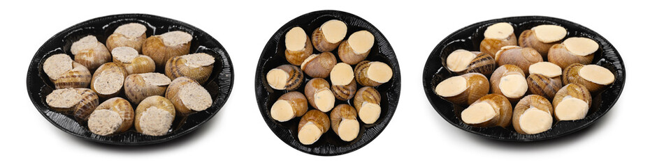 frozen snails on the plate, on a white background