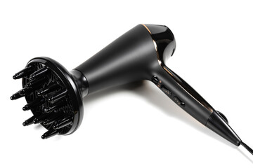 Hair dryer with diffuser rotating concentrator nozzle and a deep bowl diffuser isolated on white...