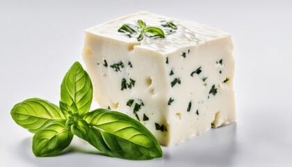 A piece of cheese with herbs on top