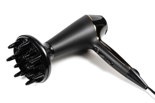 Hair dryer with diffuser rotating concentrator nozzle and a deep bowl diffuser isolated on white background.