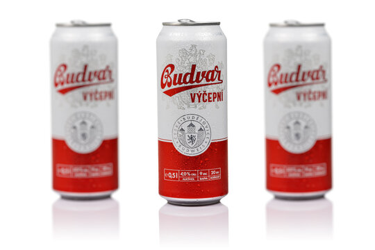 Dnipro, Ukraine 06 jan, 2023: Budvar Vycepni beer can with drops close up on white.