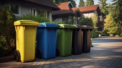 Black, blue, yellow, green trash can, typical German house.