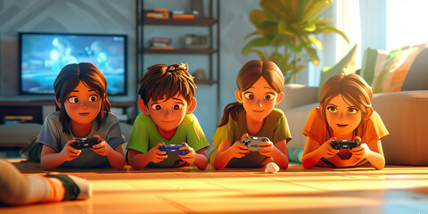 Animated children playing video games