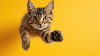 Cute cat is jumping on the yellow background