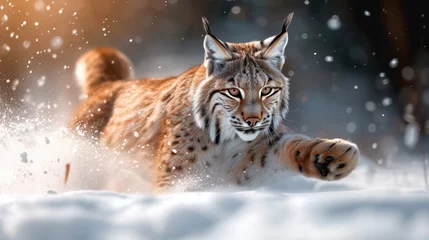 Papier peint photo  A lynx is jumping in snow background,  © hakule
