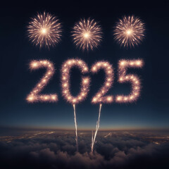 Celebrate New Year 2025 with fireworks, cracker, 2025 written in firework letter at the night sky