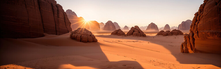 Dry desert landscape. Hot lifeless sand, Generative AI.