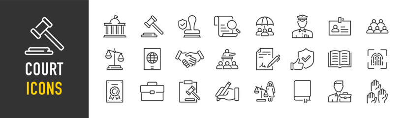 Court web icons in line style. Investigation, law, judgment, criminal, authority, court legal, related nailing, justice, prison. Vector illustration.