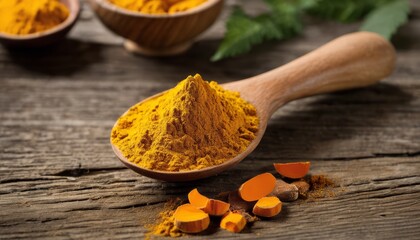 A wooden spoon is filled with yellow spices