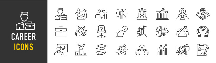 Career web icons in line style. Personal growth, success, education, upskill, progress, strategy, collection. Vector illustration.