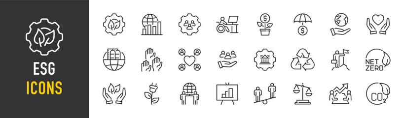 ESG and Environmental Social Governance web icons in line style. Ecology, esg, environmental, energy, nature. Vector illustration.