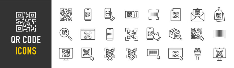 QR code web icons in line style. Scanning, coding, information, qr code, sign,identification. Vector illustration.