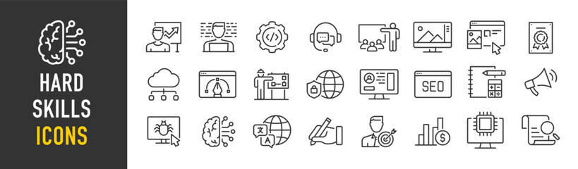 Hard skills web icons in line style. Accounting, coaching, data mining, cloud computing, copywriting, career progress, software, cyber security, artificial intelligence. Vector illustration. - obrazy, fototapety, plakaty