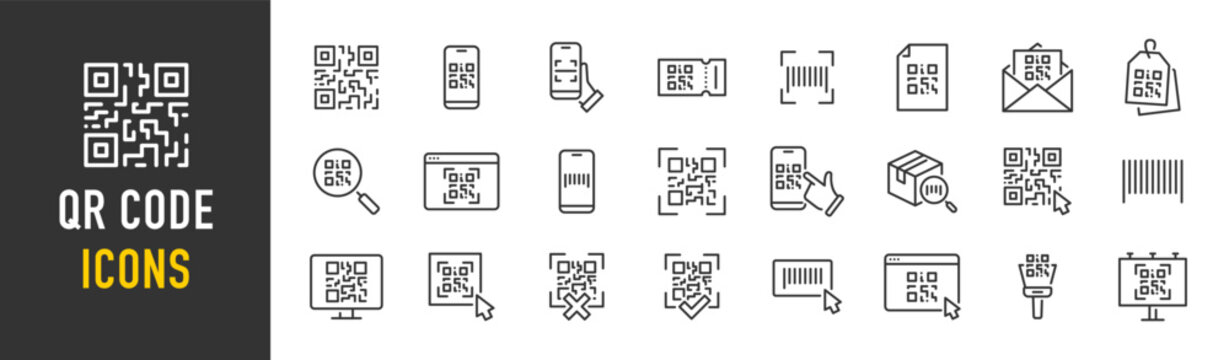 QR code web icons in line style. Scanning, coding, information, qr code, sign,identification. Vector illustration.