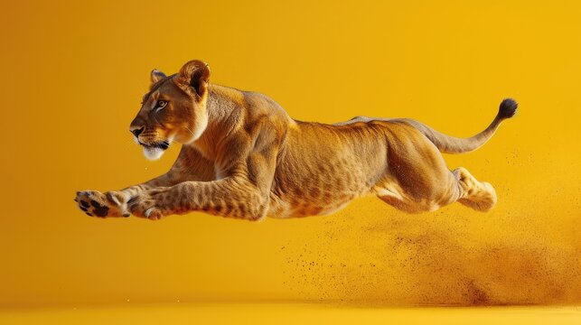 Lion is running and jumping in solid yellow background