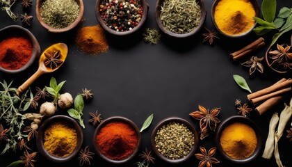A variety of spices in bowls on a table